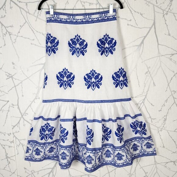 Zara White Blue Embroidered 100% Linen Flowy Peplum Long Skirt - Picture 2 of 6